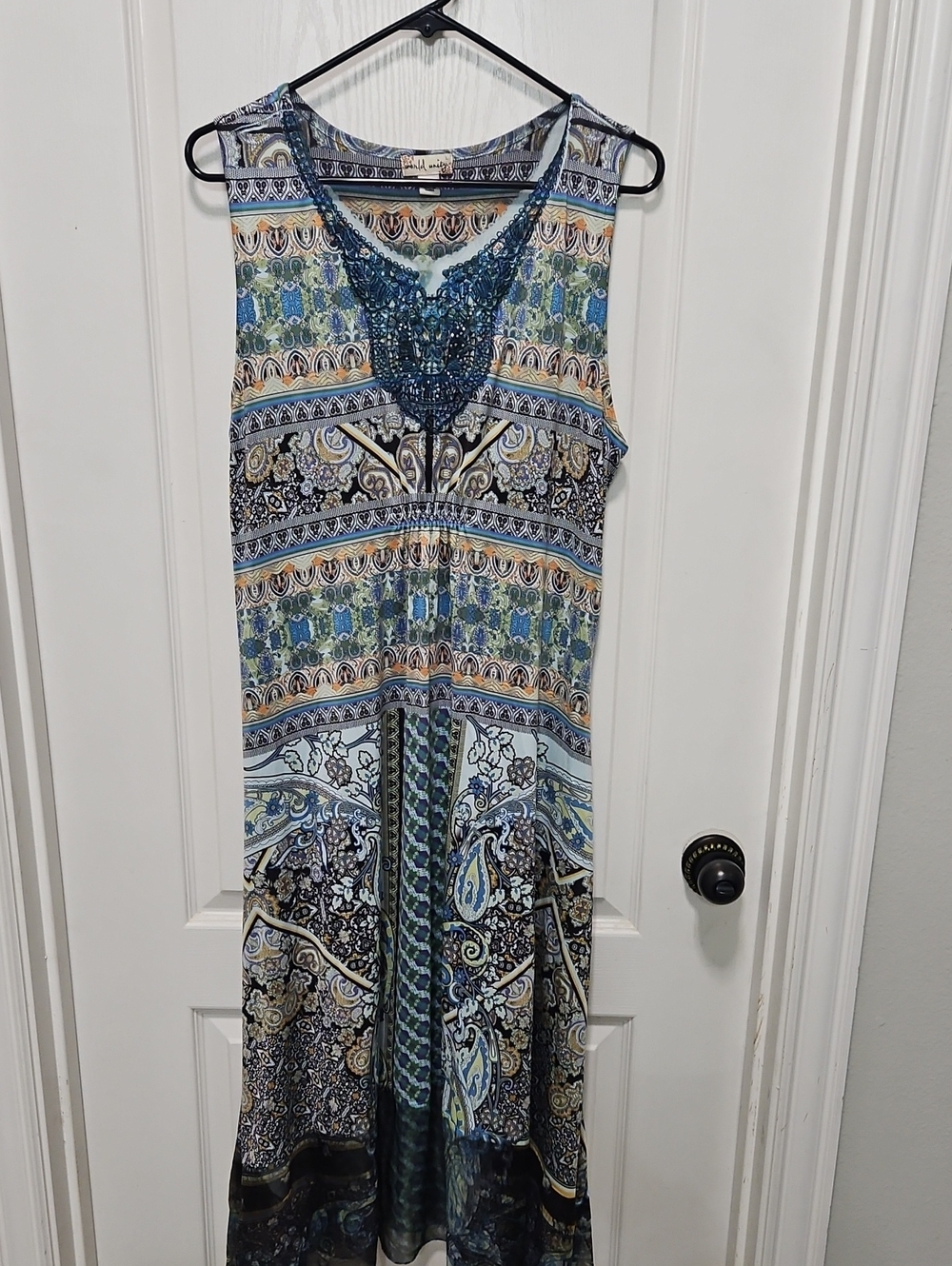 Sleeveless Blue Paisley Crochet-Detail Maxi Dress